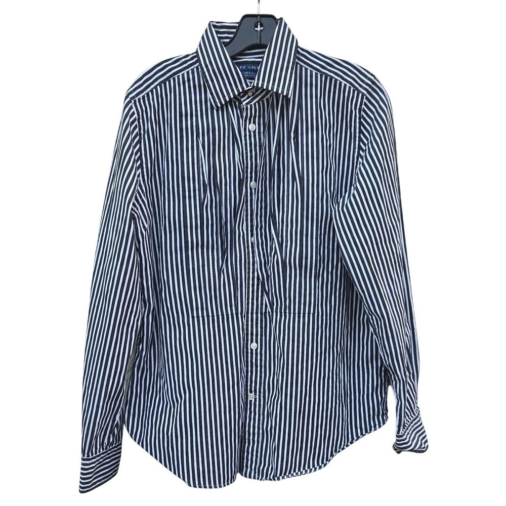Ralph Lauren Striped‎ Pleated Button Down Black White Americana Academia 14 Blue